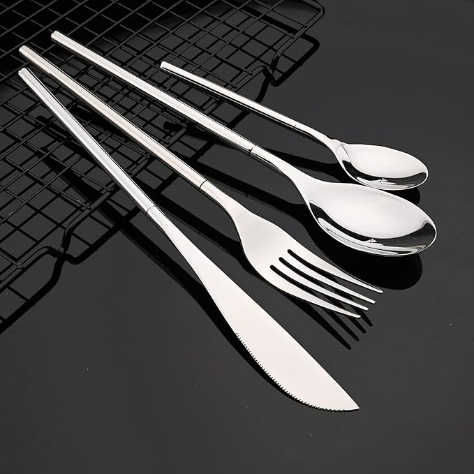 JASHII 304 Flatware Set Silver Silverware Set Mirror Polished 18/8 Stainless Steel Cutlery Set with Round Handle 24 Piece Wedding Housewarming Gift Service for 6