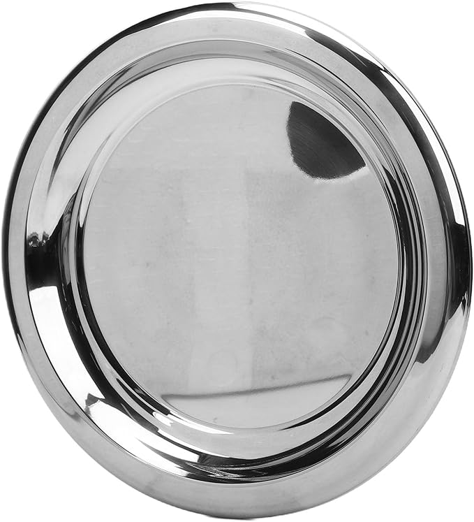Pssopp Stainless Steel Round Serving Tray, Serving Trays Circular Metal Platter Decorative Tray for Displaying Whiskey Flutes Coffee Table Stainless Steel Round, Silver (Large)