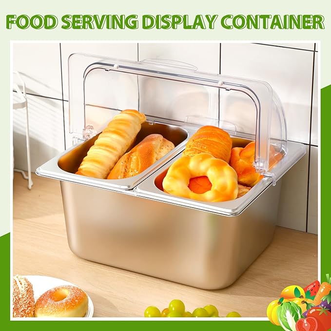 Countertop Food Serving Display Container and Clear Roll Top Cover Half Size Stainless Steel Food Serving Tray Condiment Dispenser with 2 Removable Containers for Restaurant Kitchen Buffet