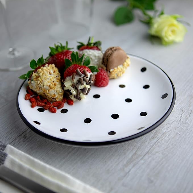 City to Cottage Handmade White And Black Pottery Polka Dot Glazed 7.9inch/20cm Side Plate, Dessert Plate, Unique Ceramic Dinnerware, Housewarming Gift