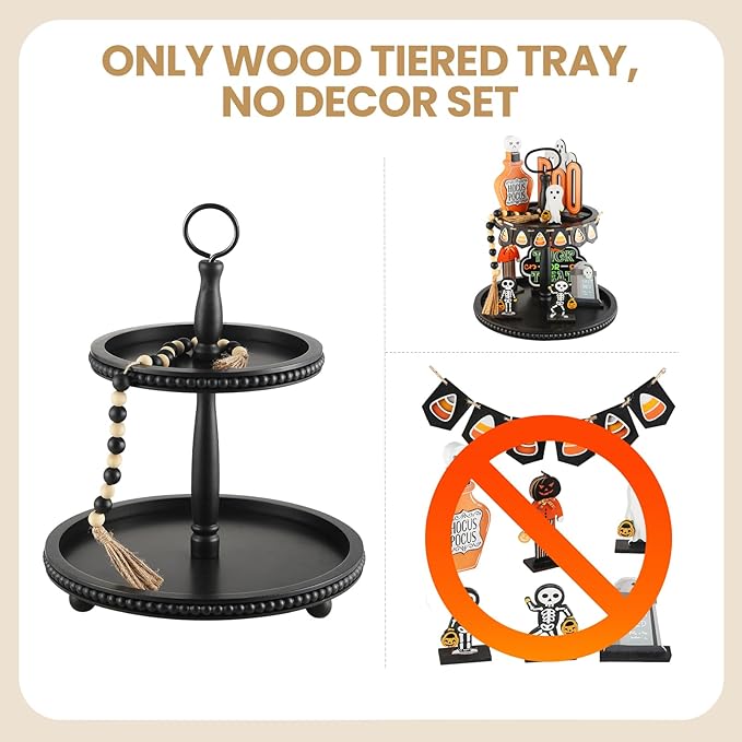 Beaded Tiered Tray Stand, Rustic Wooden 2 Tier Decorative Tray with Bead Garland, Farmhouse Round Wood Serving Tray Counter Centerpiece for Coffee Bar Home Decor Holiday Housewarming Gifts (Black)