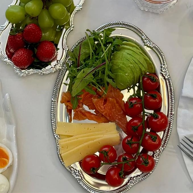 Stainless Steel Oval Platter, Silver Serving Tray, Floral Engraved Decorative Metal Plates Appetizer Platter Mirror Trays for Wedding Birthday Party Snack Fruit Cake (24CM)