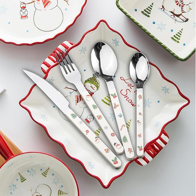 Christmas Flatware Kitchen Utensil Reusable Food Serving Utensils Stainless Steel Flatware Xmas Cutlery for Kitchen Christmas, Fork Knife Spoon Set