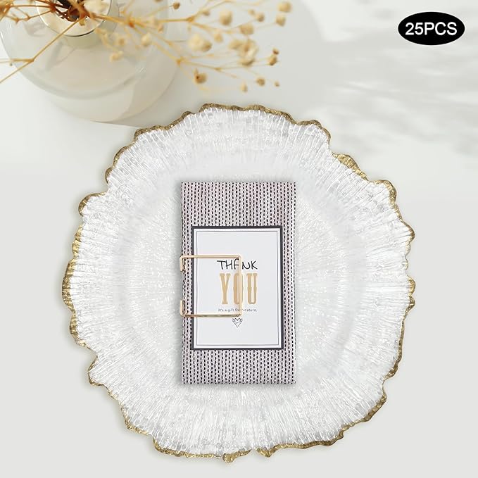 25 PCS Clear Charger Plates Bulk, 13 Inch Floral Reef Plastic Charger Dinner Plates Round Service Plates Decorative Chargers Bulk for Table Setting Wedding Party Event(Gold)
