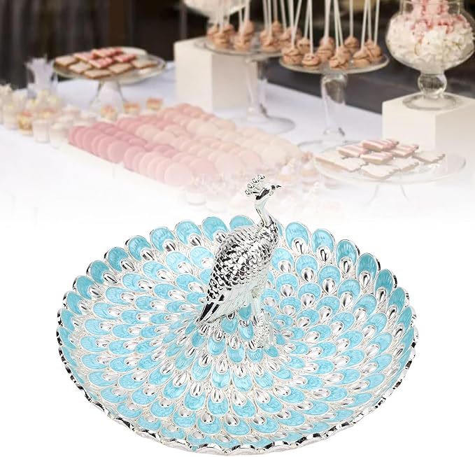 Asixxsix Decorative Serving Tray, Zinc AlloyPeacock Shape Fruits Serving Tray Candy Dish Cookie Storage Bowl, Jewelry Tray Ring Holder, Jewelry Organizer Trinket Holder for Wedding (Silver Light
