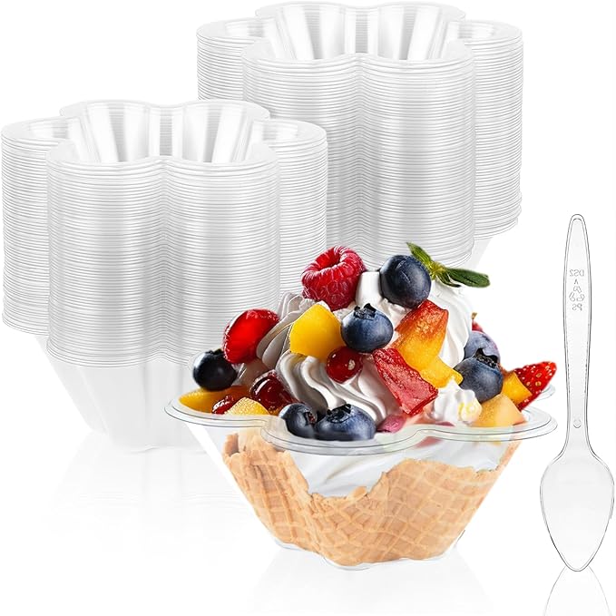 100ct 8oz Plastic Dessert Cups with Spoons, Clear Flower shaped Ice Cream Bowls, Party Sundae Serving Bowls, Parfait Appetizer Cups for Ice Cream, Nuts, and Salad