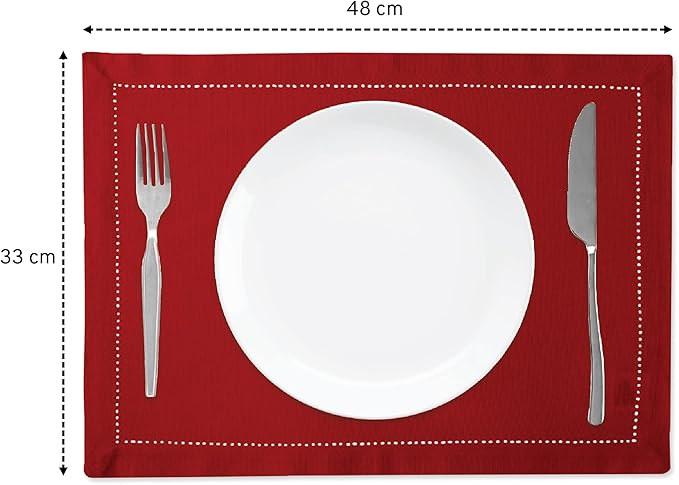 Encasa XO Placemats Set of 4 | Cotton Hemstitched Design | Red | Rectangular 19"x13" - Dining Table Mat | for Dining Table Fall Decoration, Holiday & Christmas Festivals - Machine Washable