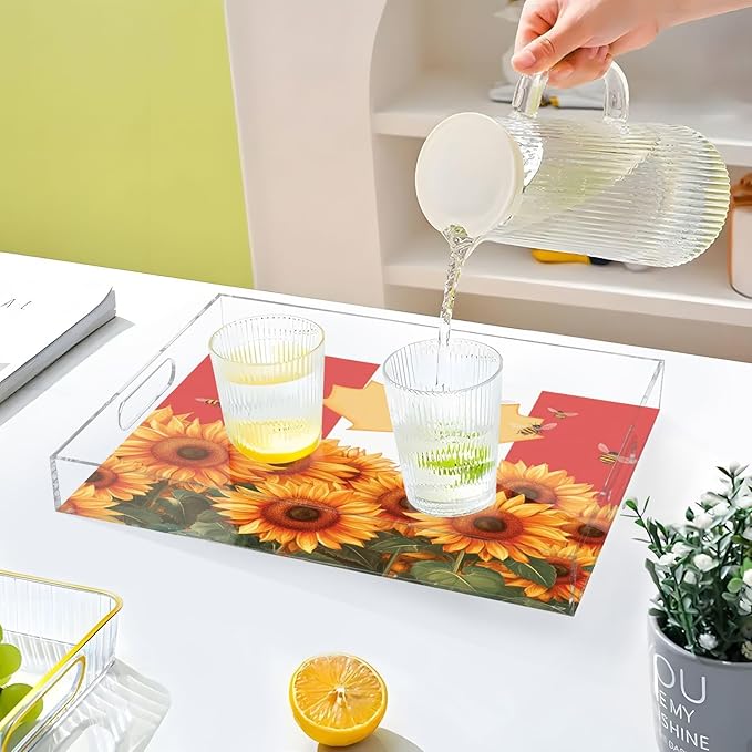 Serving Tray with Handles Clear Acrylic Tray 12x16 Inch Decorative Rectangular Tray Organizer for Ottoman Coffee Table Bathroom Sunflowers and Bees Canada Flag