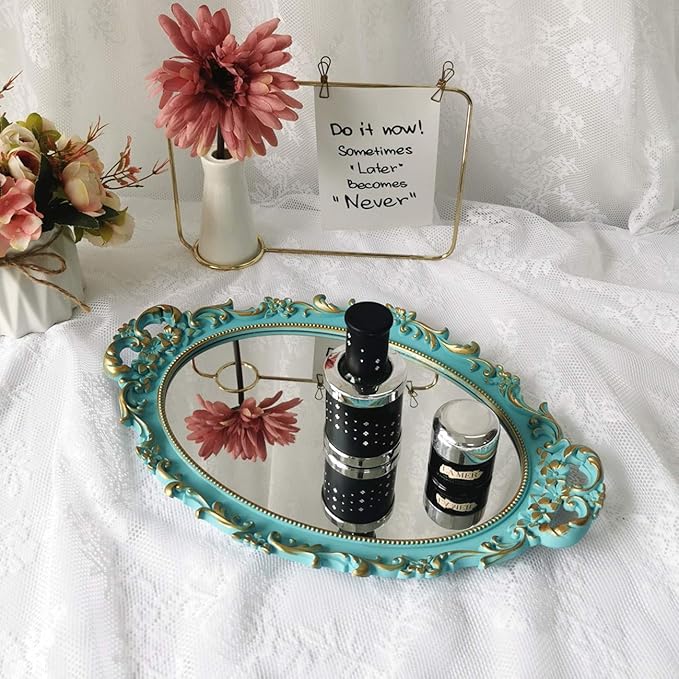 Hamphinee Oval Floral Wall Mirror Tray, Dresser Organizer Tray, Decorative Perfume Mirror Tray, Serving Tray, 9.5"x14.5", Blue