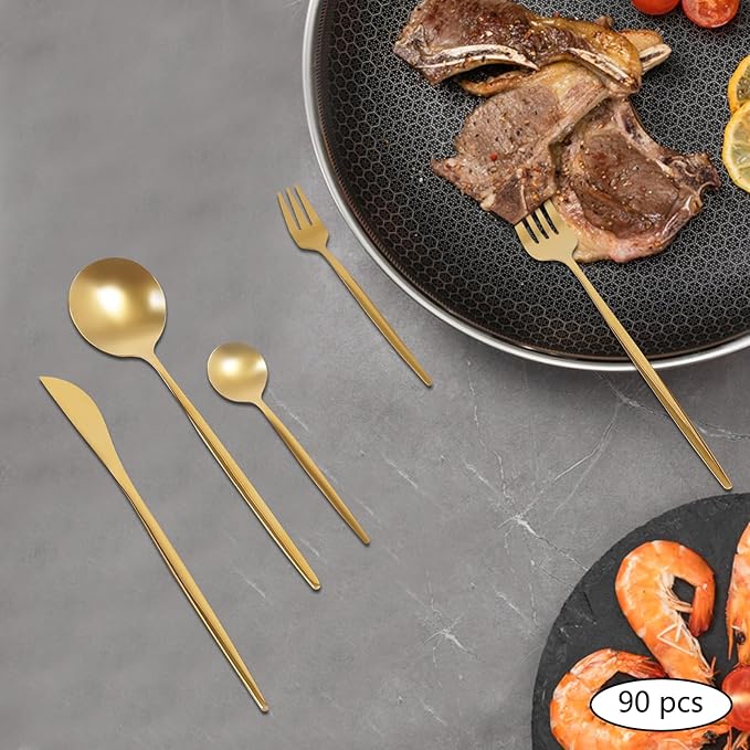 90PCS Gold Dinnerware Set, Gold Flatware Cutlery Set, Stainless Steel Utensils Set for Home Restaurant