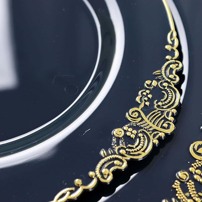 8" Salad Plates -Set of 30 - Plastic Navy Blue Round Baroque Disposable Chargers Leaf Embossed Rim, Ideal for Dinner Party Wedding Bulk Events