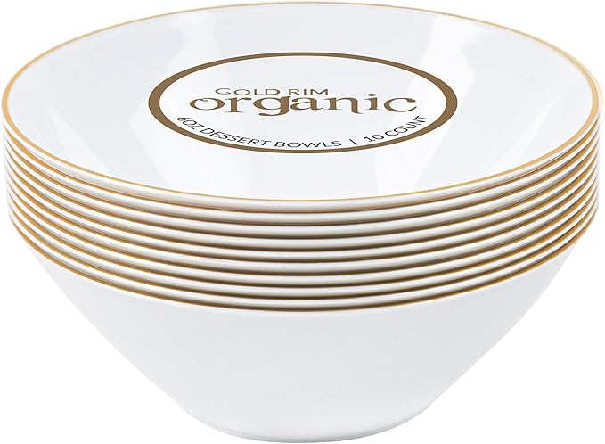 [6 OZ 40 Count] White Plastic Organic Party Dessert bowls ice cream bowl With Gold Rim Premium heavyweight Elegant Disposable Tableware Dishes