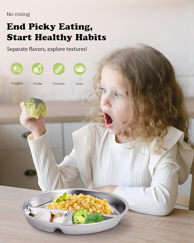 Stainless Steel Kids Plates 3 Packs, Deepened 9" Portion Control Plate Divided Plate for Toddlers Bigger Appetite, Non Toxic Unbreakable Metal Lunch Dishes
