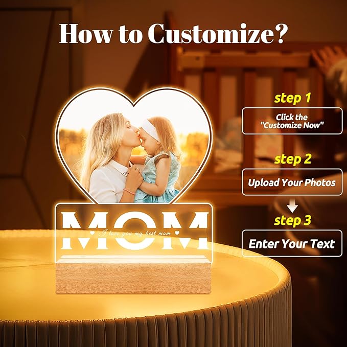 Personalized Christmas Gifts for Mom from Daughter and Son, Custom Picture Frames with Photo, Custom Photo Frame with Night Light, Customized Picture Frame, Personalized Birthday Gifts for Mom