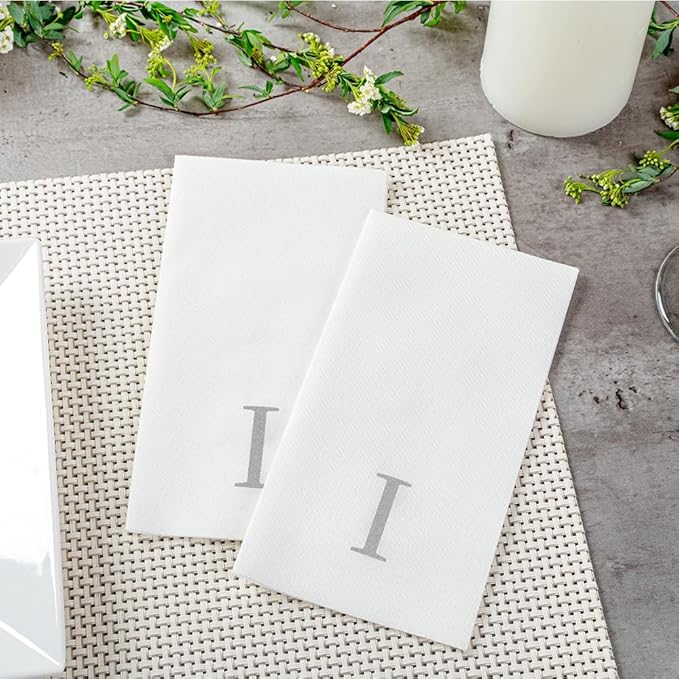 Luxenap 15.8 X 7.9 Inch Linen-Feel Guest Towels, 2000 Lettered Hand Towels - Silver Letter 'I', Sans Serif Font, White Paper Dinner Napkins, airlaid, For Restrooms And Tables - Restaurantware