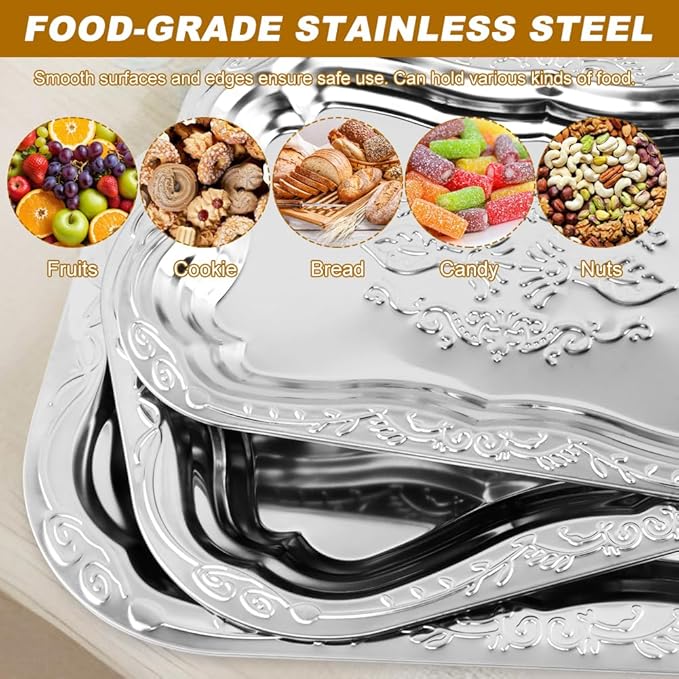 3Pack Silver Serving Trays Set,Vintage Floral Engraved Mirror Decorative Tray,Silver Platter Tray for Whiskey, Cookies, Charcuterie, Snacks, Desserts, Fruit, Party Food Display