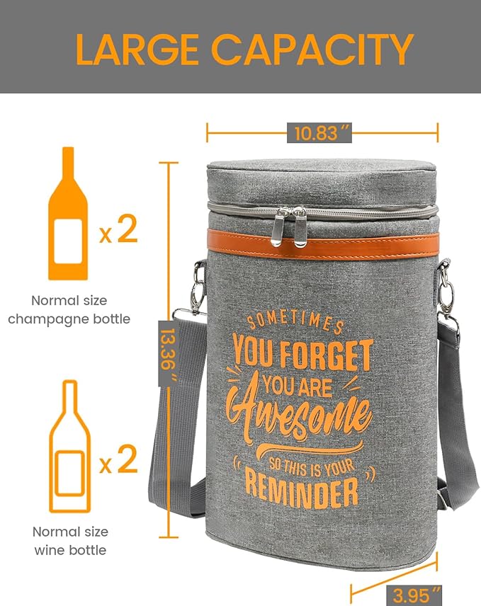2 Bottle Wine Tote Bag Gift Set with Wine Tumblers, Insulated Cooler Carrier for Travel Picnic Camping, Gifts for Women Mom Sister Wine Lovers Housewarming Birthday Christmas