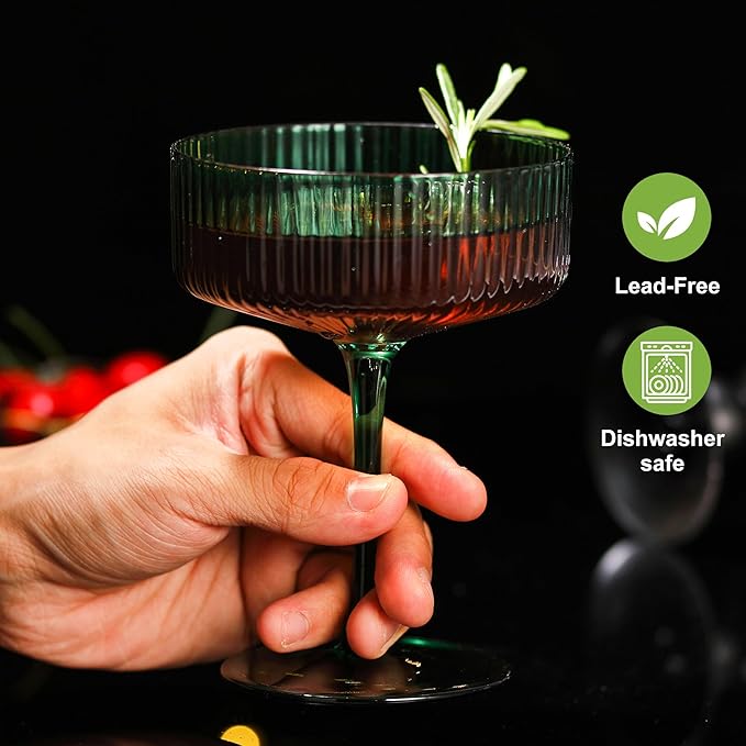 FERAHI 6 Pcs Ribbed Coupe Glasses, 10 oz Vintage Martini Glasses Set, Cute Espresso Martini Glass & Champagne Coupe Glass, Elegant Bar Glassware for Cocktails, Wine, Outdoor Entertaining & Gifts