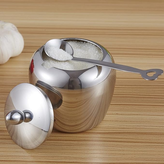 LIZEALUCKY Kitchen Sugar Bowl, 304 Stainless Steel Sugar Bowl with Spoon Home Kitchen Salt Pepper Spice Bowl Spice Drum Small Condiment Container