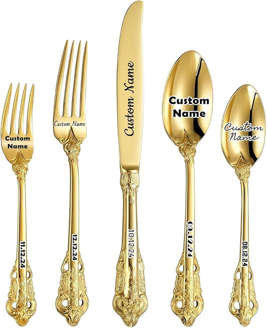 [5 Pack] Personalized Vintage Luxury Flatware Set, Customized Engraved Name Dates Stainless Steel Tableware with Gold Accents, Custom Cutlery Kit Antique Baroque Silverware Gift for Party Favors