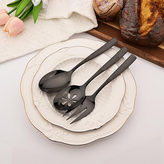 6 PCS Hammered Serving Utensils, Uniturcky Stainless Steel Serving Spoons Set, Square and Thick Hostess Serving Set, Includes 2 Serving Spoon 2 Serving Fork and 2 Slotted Spoon, Mirror Black
