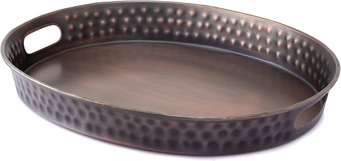 Monarch Abode Serving Tray with Handles – 17-Inch Hand Hammered Metal Platter for Living Room, Antique Copper Finish Large Ottoman Tray Accent for Coffee Table, Tea & Food Serving Dish for Party