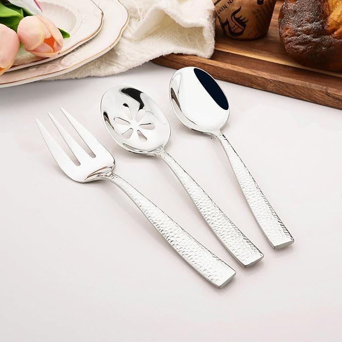 6 PCS Hammered Serving Utensils, Uniturcky Stainless Steel Serving Spoons Set, Square and Thick Hostess Serving Set, Includes 2 Serving Spoon 2 Serving Fork and 2 Slotted Spoon, Mirror Silver