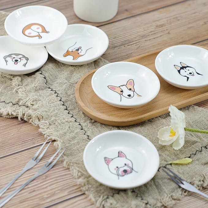 Funny Dogs Head and Butt Pattern Ceramic Sauce Dishes, Seasoning Dishes, Sushi Soy Dipping Bowls, Appetizer Plates, Dessert Plates, Little Cat Bird Feeding Bowls, Set of 6-Dogs-3.5 Inch