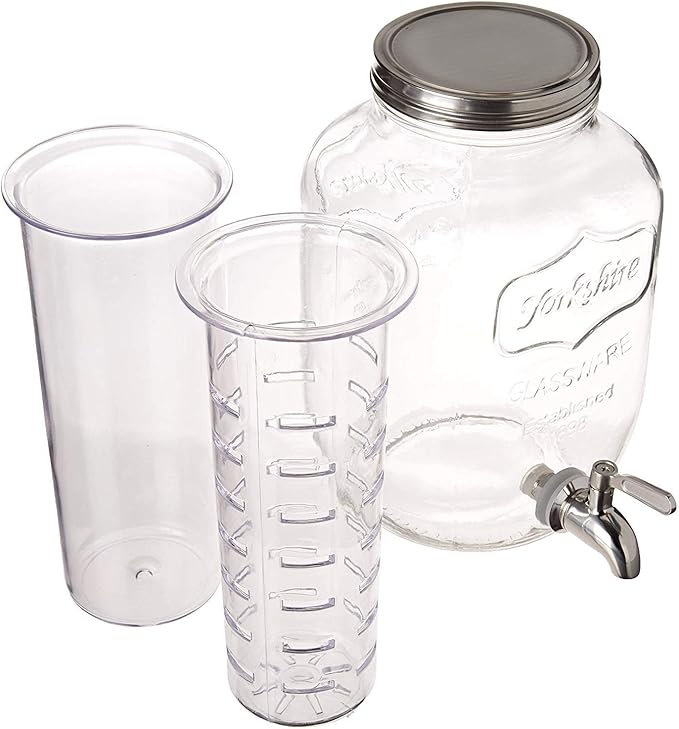 2 Gallon Glass Beverage Dispenser with Ice and Fruit Infusers, Stainless Steel Spigot and Metal Lid, Wide Mouth Mason Jar Drink Dispenser, for Iced Tea, Kombucha Brewing and more