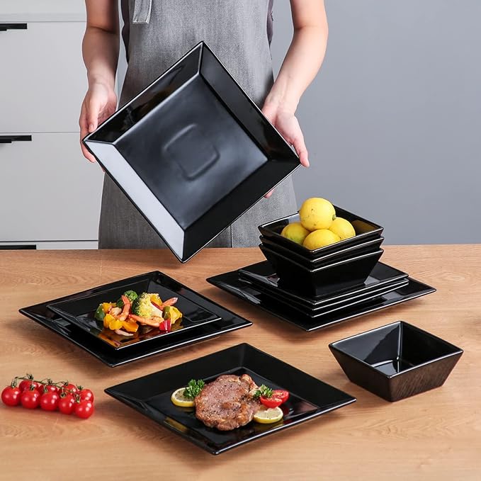 DOMINI 12-Piece Square Dinnerware Set, Service for 4, Porcelain Dishes Dinner, Square-Black