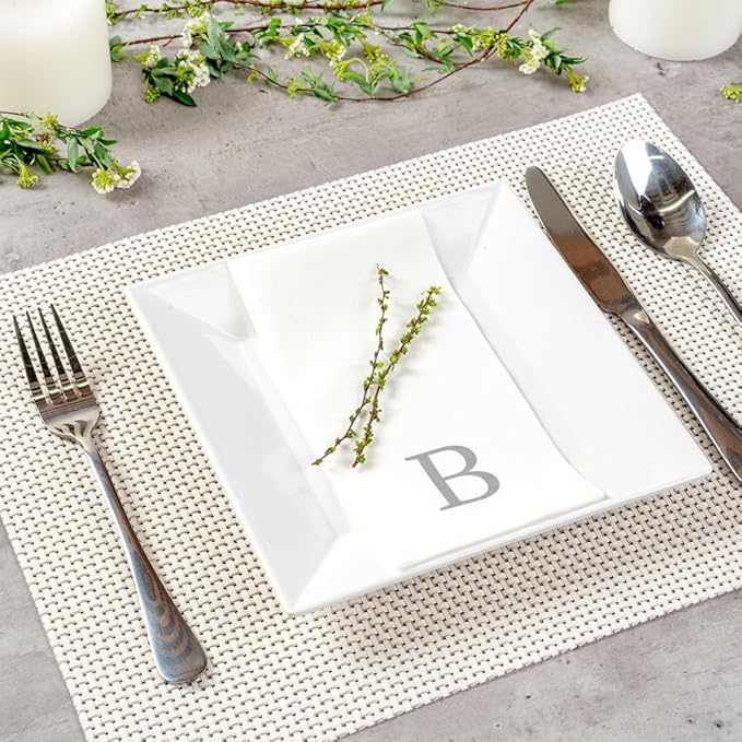 Luxenap 15.8 X 7.9 Inch Linen-Feel Guest Towels, 50 Lettered Hand Towels - Silver Letter 'B', Sans Serif Font, White Paper Dinner Napkins, airlaid, For Restrooms And Tables - Restaurantware