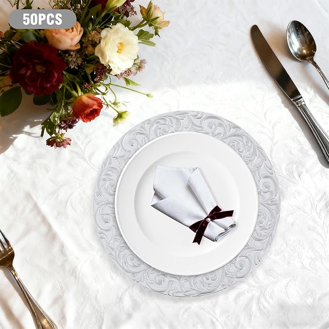 50 Pcs Antique Charger Plates Bulk Round Plastic Dinner Plate Embossed Rim Server Plate Decorative Chargers Floral Plates for Dinner Parties Wedding,13 Inch (silver-50pcs-2)