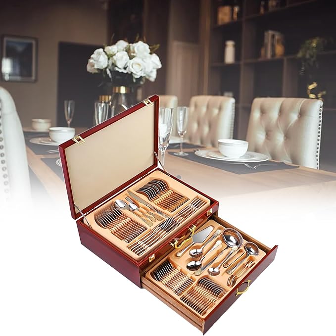 Silverware Flatware Serving Set for 12 with Gold Accents, 72/84 PCS Luxury Dining Silverware Cutlery Service in a Wooden Storage Case Chest for Formal Events, Parties(C,84pcs)