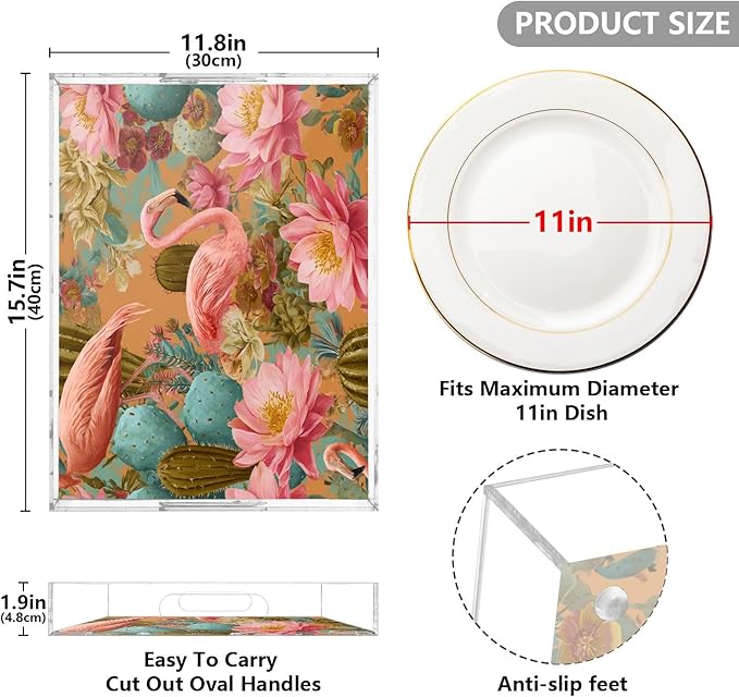 Serving Tray with Handles Clear Acrylic Tray 12x16 Inch Decorative Rectangular Tray Organizer for Ottoman Coffee Table Bathroom Orange Flamingos and Green Cactus Flowers