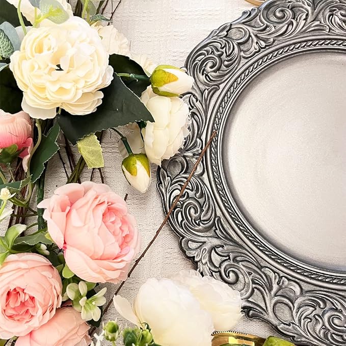 Antique Silver Charger Plates Embossed Rim, 13 Inch Dinner Plate Chargers Round Server Ware. Set of 6 Plastic Charger for Dinner, Wedding, Elegant Tableware Decor