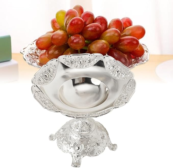 TOPINCN Metal Table Fruit Tray and Bowl, European Style Candy Serving Plate Decorative Dessert Snack Dish Zinc Alloy Snack Nut Food Serving Storage Rack Dining Table Decor (S) (Silver)