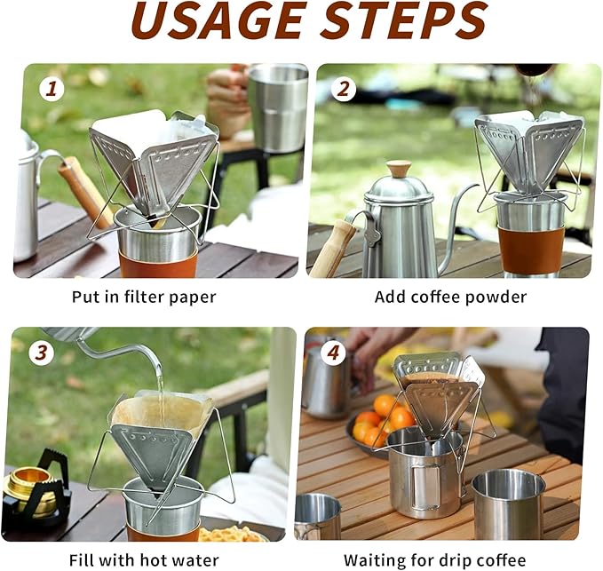 Pour Over Coffee Dripper, Folding Stainless Steel Coffee Drip Rack, Portable Pour Over for Office Home Travel Picnic Camping (2 cup)