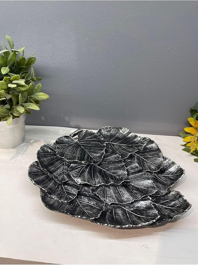 Leaf Shaped Serving Tray Decorative Polyester Silver and Black Antique Finish Abstract Home Decor, 12x10 Inch - Silver and Black Antique, One Size
