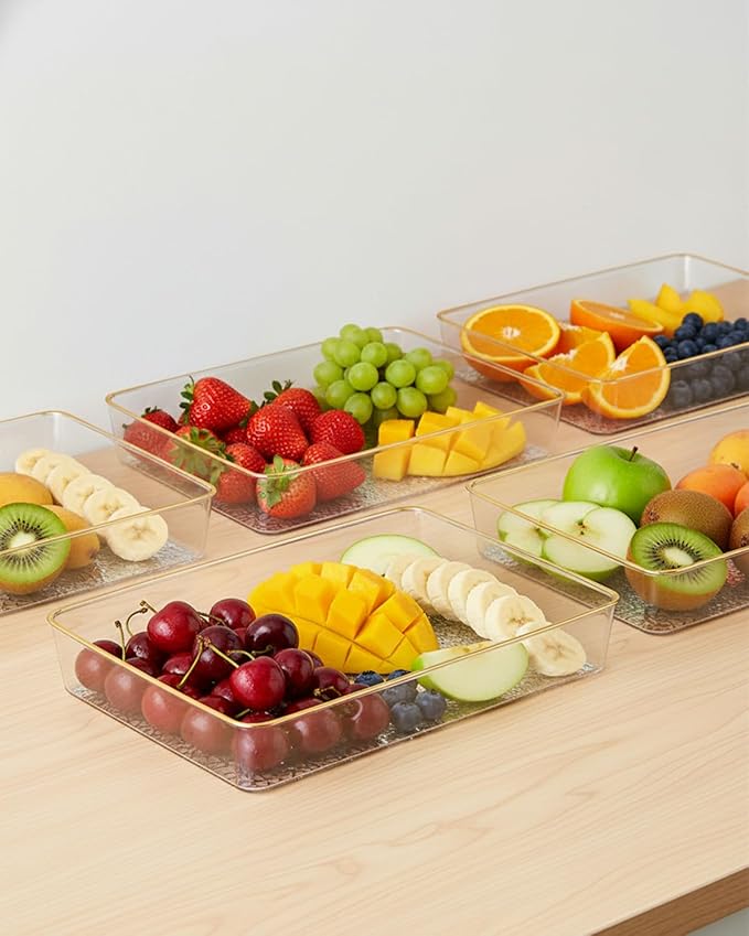 Clear Acrylic Tray, 6 Pack Acrylic Serving Trays Deep Serving Platter Decorative Tray with Gold Rim, Reusable Plastic Tray for Living Room Entryway Bedroom Kitchen Coffee Table Coutertop (Large)