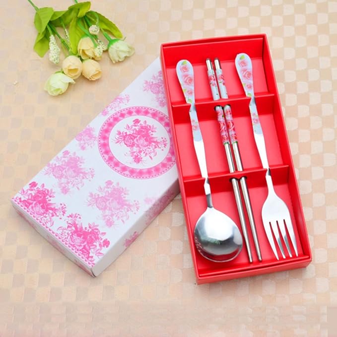 Stainless Steel Teaspoons Dinner Spoon Fork Chopsticks 3pcs Flatware Serving Sets，