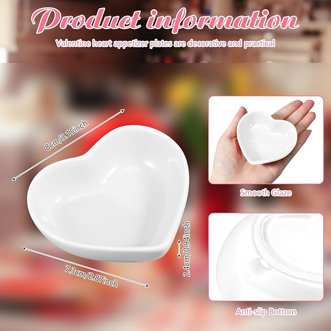 6 Pieces Heart Shaped Bowls Ceramic Dip Bowl Plates Multipurpose Salad Bowls Appetizer Plates Cooking Gifts for Candy Sauce Sushi Dipping Serving Wedding Anniversary Valentine's Day (White)
