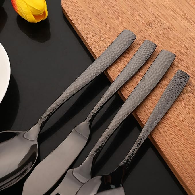 JASHII 5-Piece Black Hammered Flatware Hostess Set Stainless Steel Serving Fork Slotted Serving Spoon Butter Knife Teaspoon Set for Buffet Party Mirror Polished Dishwasher Safe