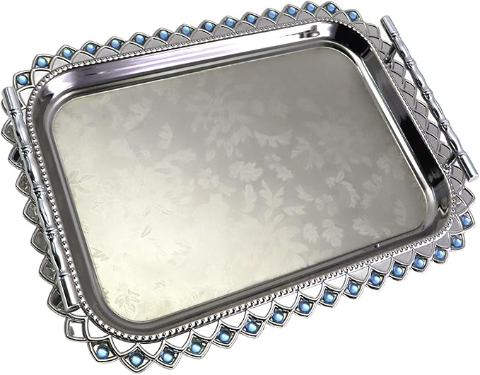(Pack of 1) 16.5 inch x 11.8 inch Floral Shape Style Chrome Plated Silver Serving Tray with Handles Anti-Scratch Sticker Floral Engraved Edge Blue Bead Decor Wine Platter Plate FST-011