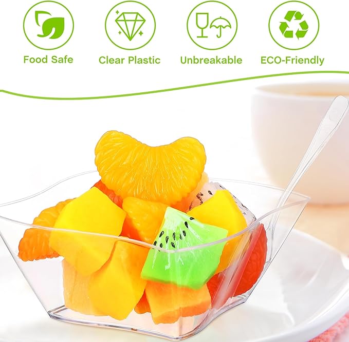 Suclain 200 Sets 5 oz Plastic Dessert Bowls Disposable Mini Dessert Cups with Spoons Appetizer Plates for Birthday Weddings Party Family Gathering