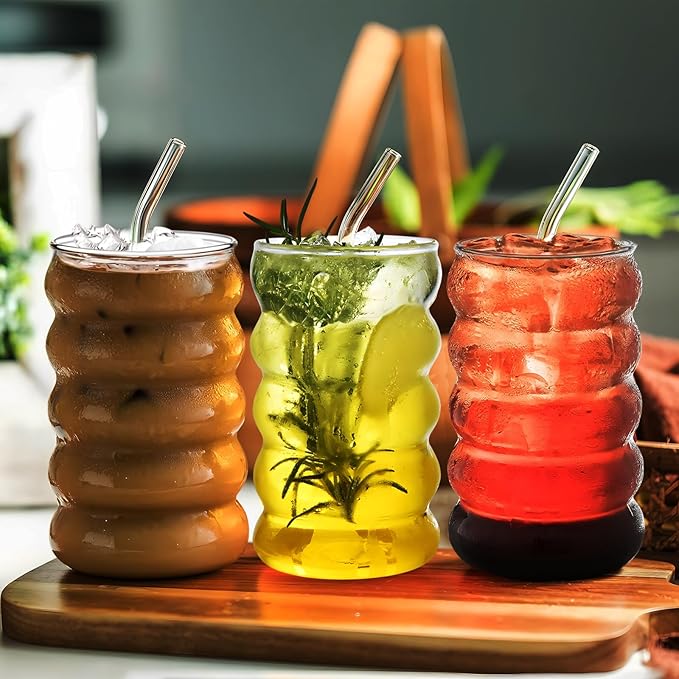 Ework4U 4 Pcs 20oz Drinking Glasses Set with Straws, Cute Iced Coffee Glass Cups, Iced Coffee Tumblers, Thick Drinking Jars for Smoothie, Boba Milk Tea, Ideal for Gift, with Straw Brush