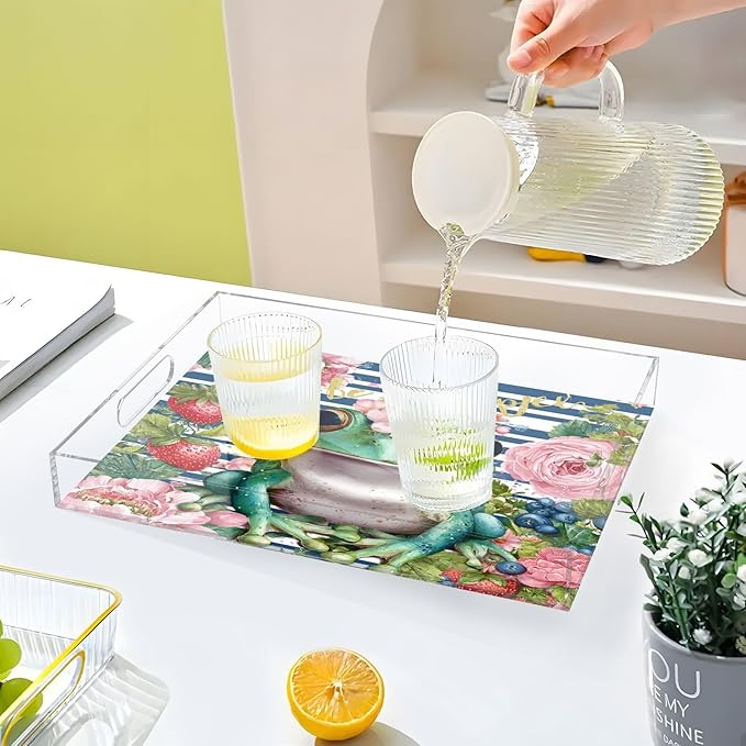 Serving Tray with Handles Clear Acrylic Tray 12x16 Inch Decorative Rectangular Tray Organizer for Ottoman Coffee Table Bathroom Be Happy Blue Striped Frog Floral Strawberry
