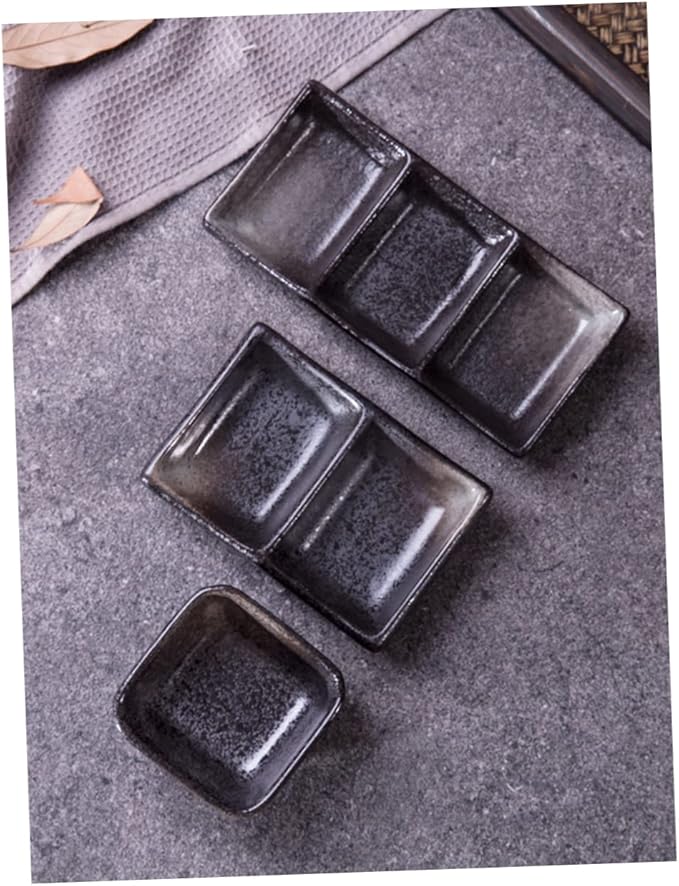 2pcs Retro Square Ceramic Sauce Dishes 3-Grid Snack and Seasoning Bowls Food Dipping Plates for Appetizers and Desserts