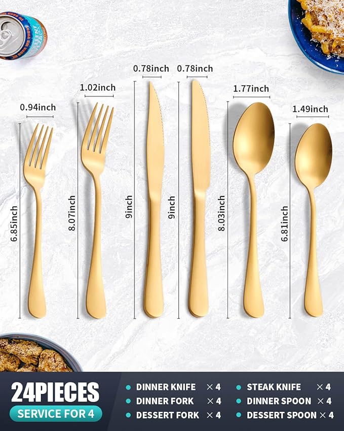24-Pieces Matte Gold Silverware Set with Steak Knives,Stainless Steel Flatware Set,Cutlery Set Service for 6, Tableware Kitchen Utensil Set,Dishwasher Safe