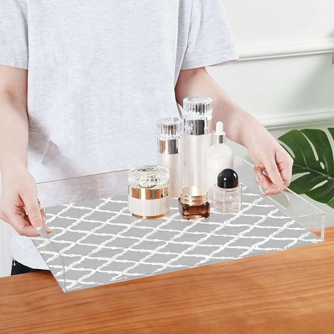 Serving Tray with Handles Clear Acrylic Tray 12x16 Inch Decorative Rectangular Tray Organizer for Ottoman Coffee Table Bathroom Silver Minimalist Quatrefoil