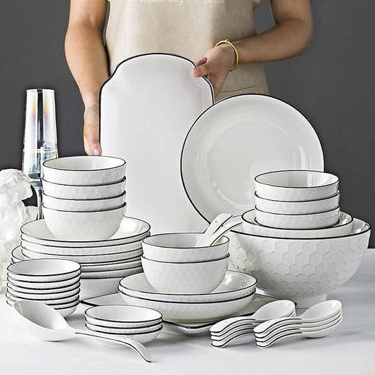56-Piece White Dinnerware Sets, European Dinner Plate and Bowl Set, Table Service for 10-12, Phnom Penh High-End Tableware Set Microwave Safe